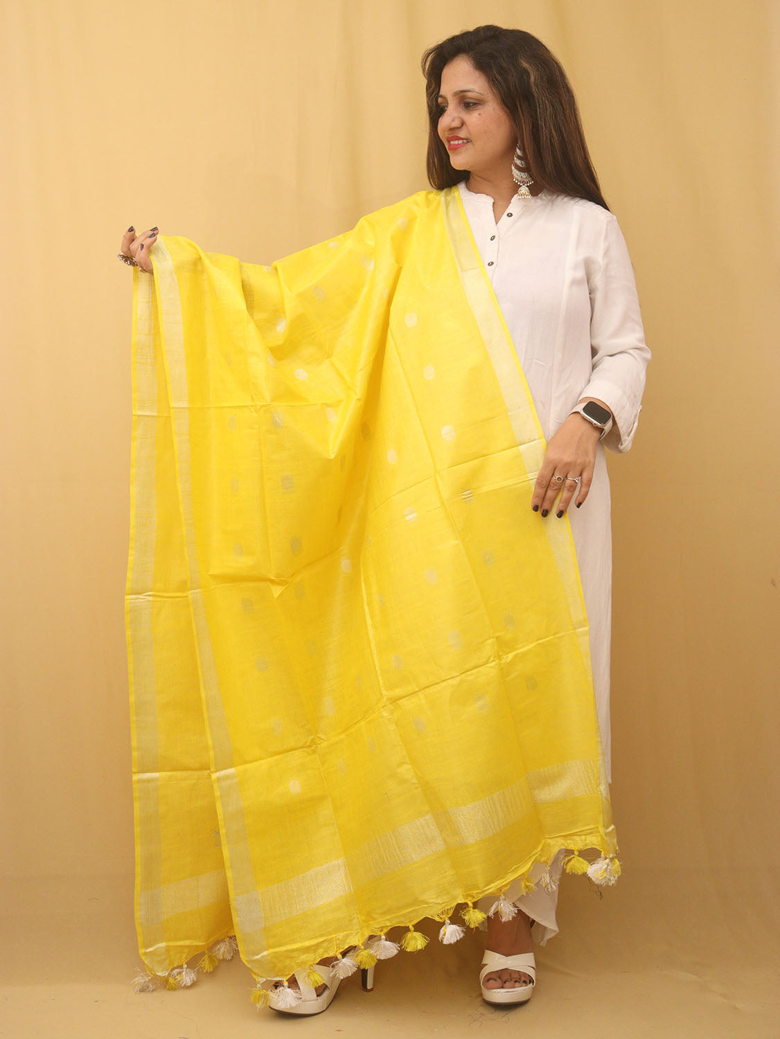Yellow Bhagalpur Handloom Linen Cotton Dupatta - Luxurion World