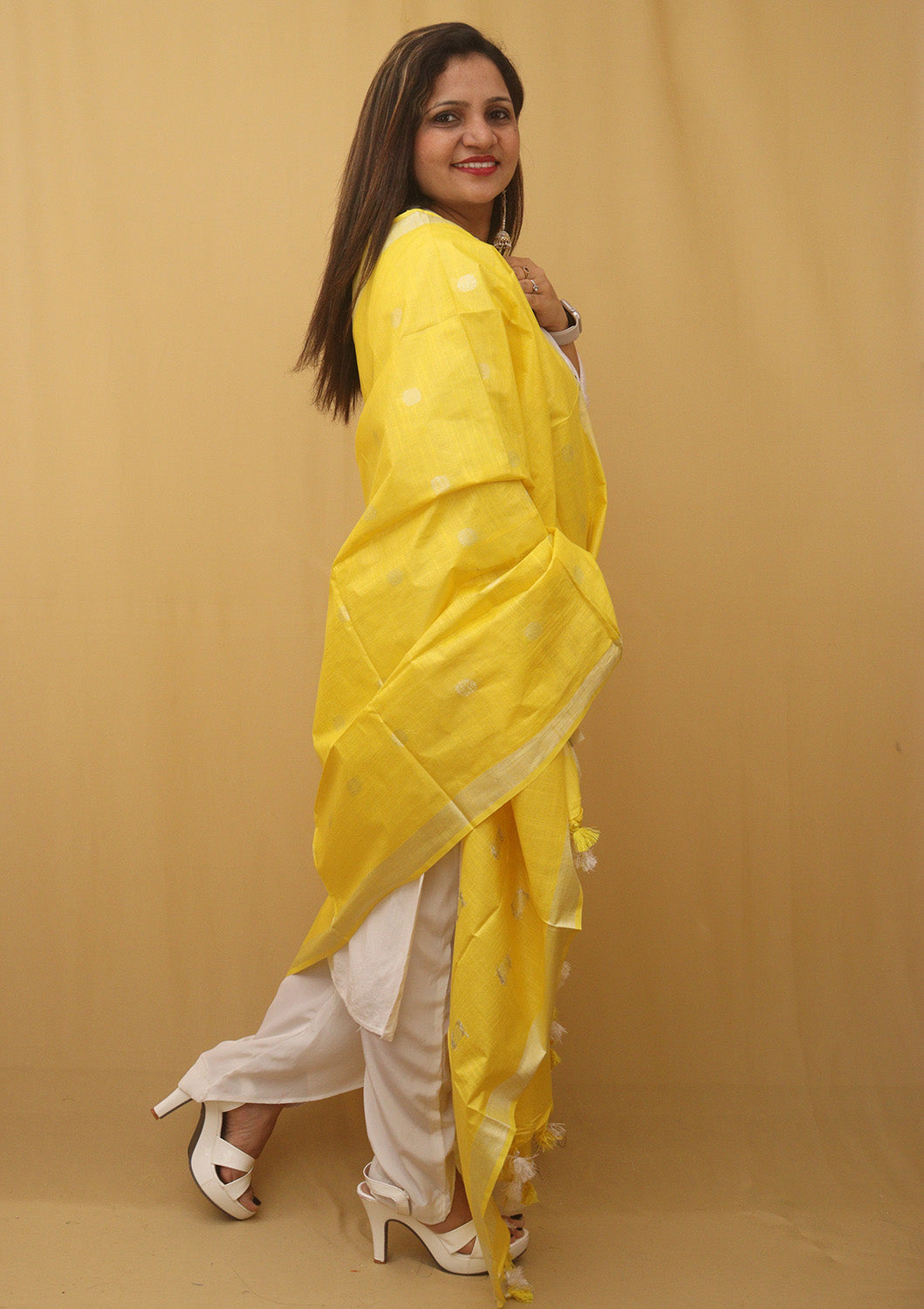 Yellow Bhagalpur Handloom Linen Cotton Dupatta - Luxurion World