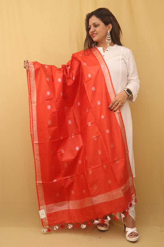 Red Bhagalpur Handloom Linen Cotton Dupatta - Luxurion World