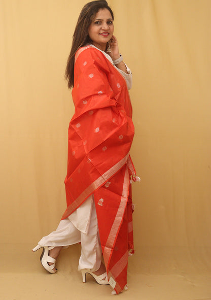 Red Bhagalpur Handloom Linen Cotton Dupatta - Luxurion World