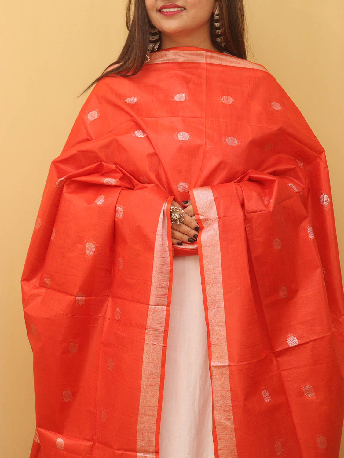 Red Bhagalpur Handloom Linen Cotton Dupatta - Luxurion World