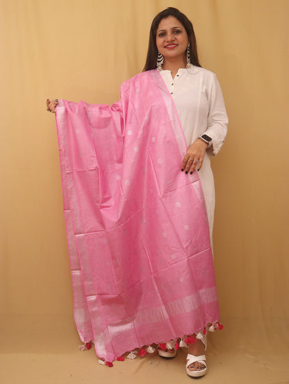 Pink Bhagalpur Handloom Linen Cotton Dupatta - Luxurion World