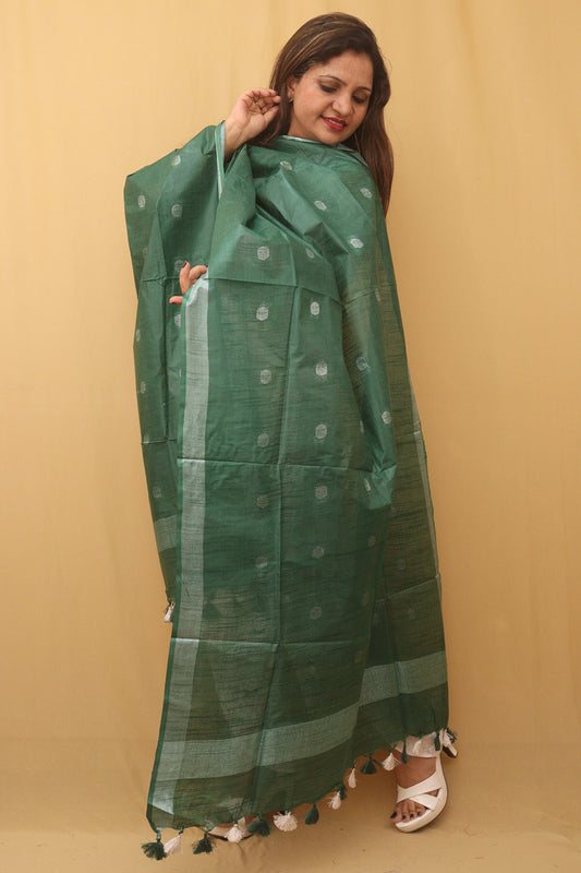 Green Bhagalpur Handloom Linen Cotton Dupatta
