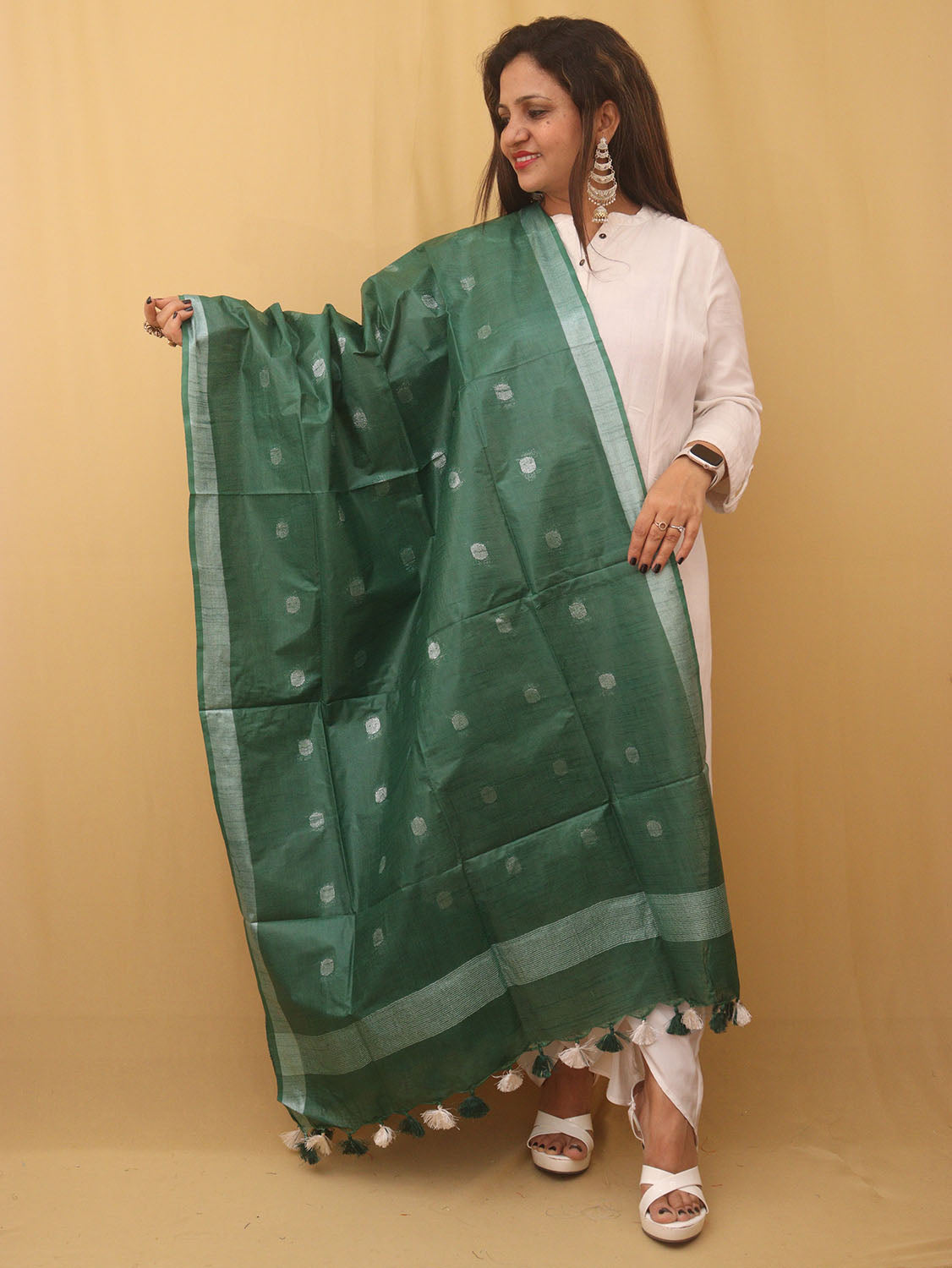 Green Bhagalpur Handloom Linen Cotton Dupatta - Luxurion World
