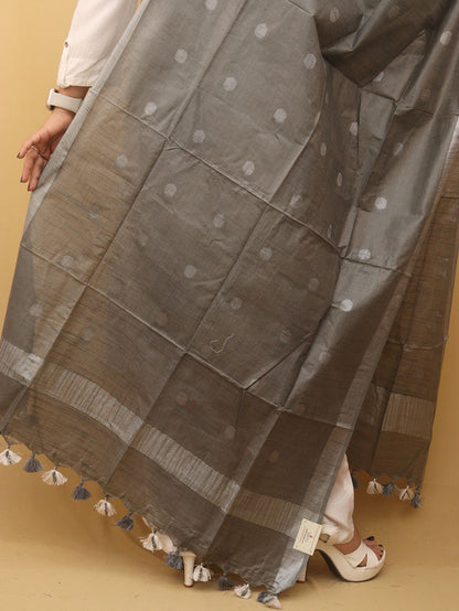 Grey Bhagalpur Handloom Linen Cotton Dupatta - Luxurion World