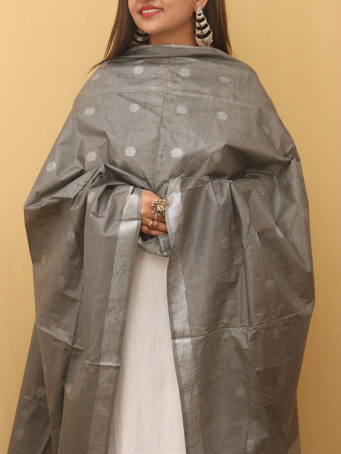 Grey Bhagalpur Handloom Linen Cotton Dupatta - Luxurion World