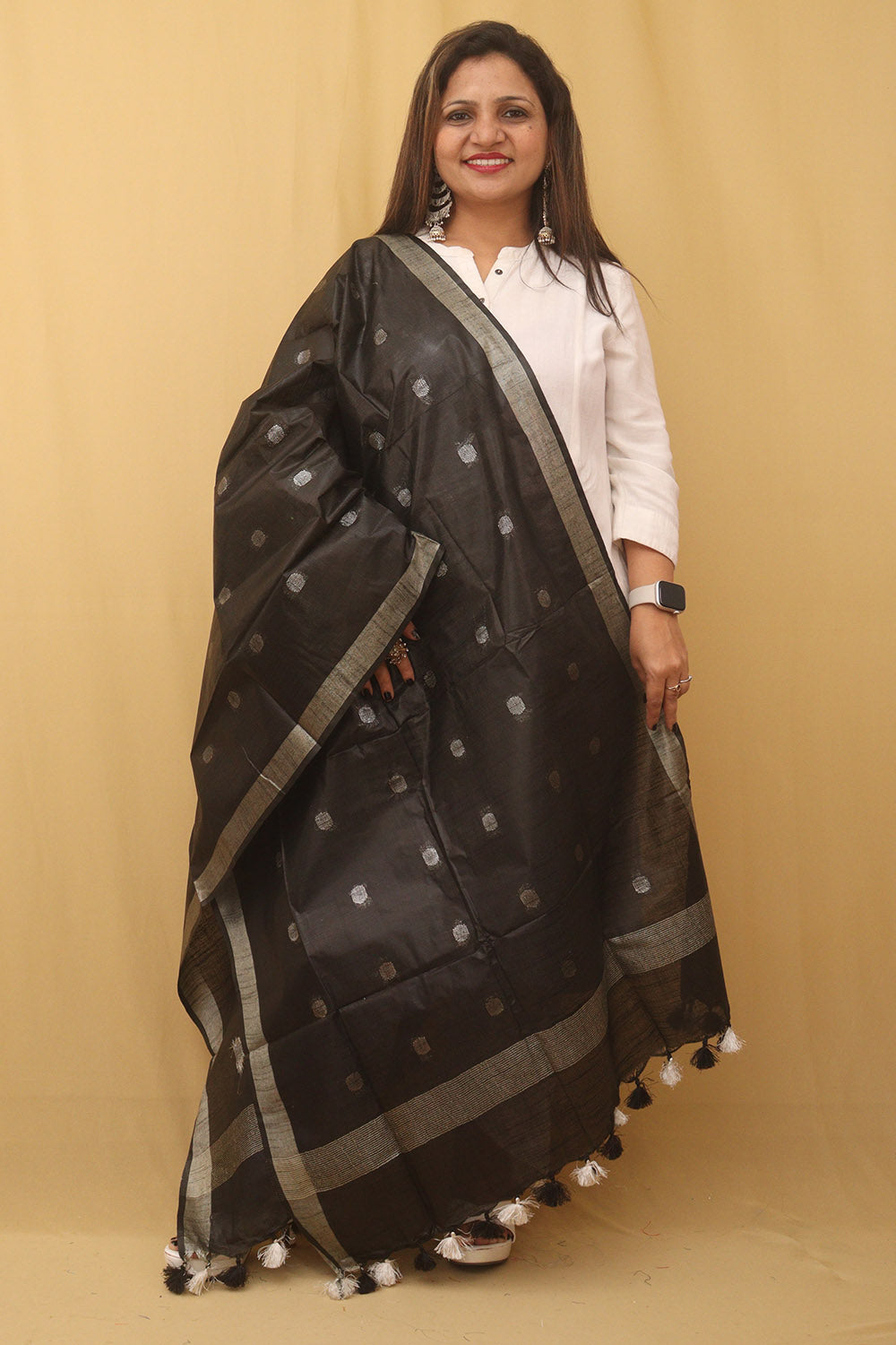 Black Bhagalpur Handloom Linen Cotton Dupatta - Luxurion World
