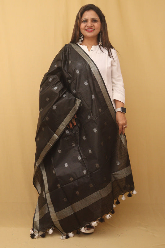 Black Bhagalpur Handloom Linen Cotton Dupatta