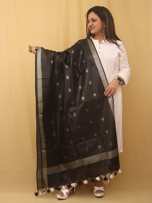 Black Bhagalpur Handloom Linen Cotton Dupatta - Luxurion World