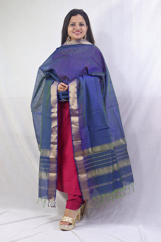 Stunning Blue Maheshwari Silk Cotton Dupatta - Handloom Woven