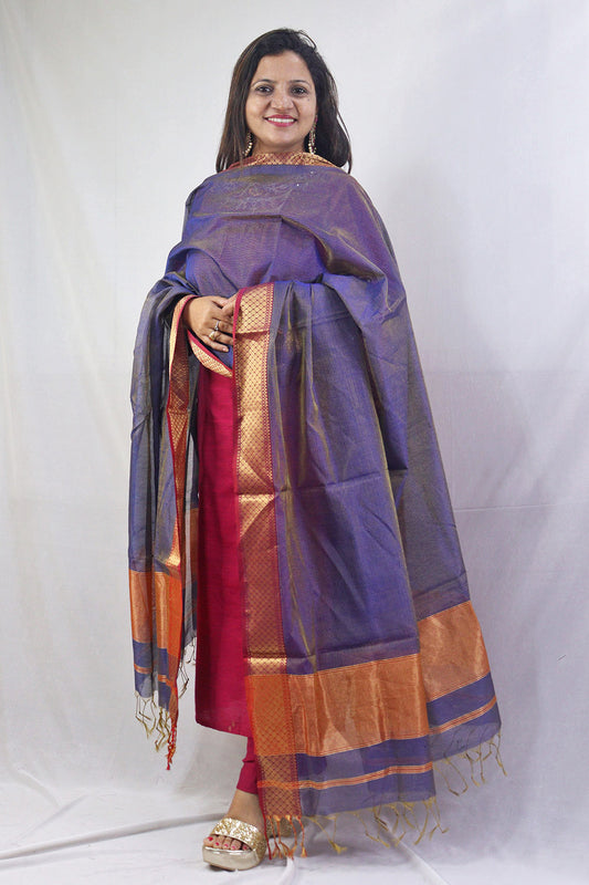 Stunning Blue Maheshwari Tissue Silk Dupatta - Handloom Cotton Weave - Luxurion World