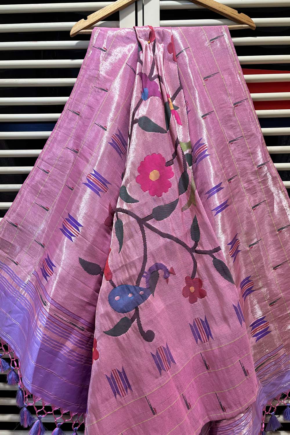 Pink Paithani Handloom Pure Silk Brocade Muniya Border Dupatta - Luxurion World