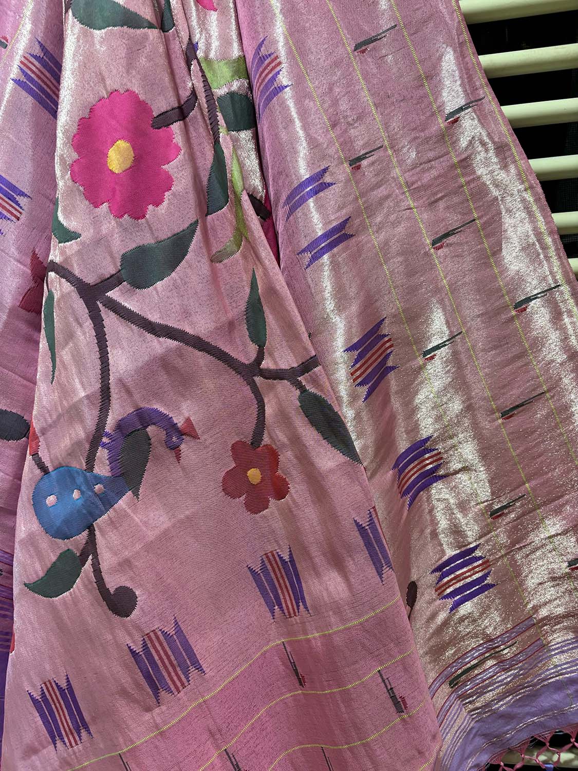 Pink Paithani Handloom Pure Silk Brocade Muniya Border Dupatta - Luxurion World