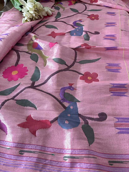 Pink Paithani Handloom Pure Silk Brocade Muniya Border Dupatta - Luxurion World
