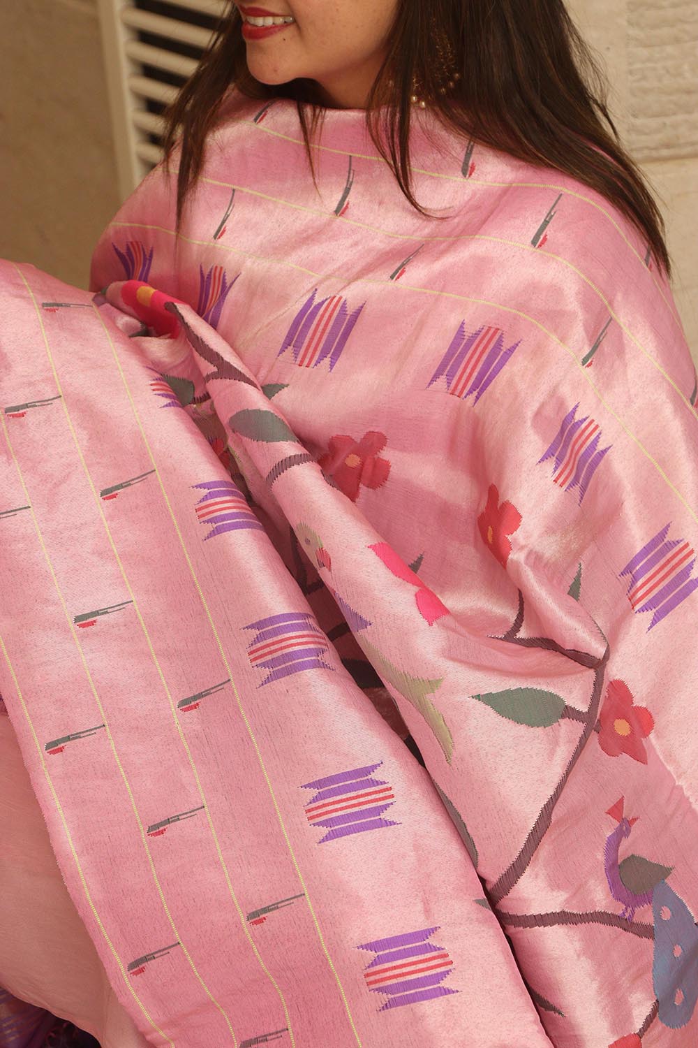 Pink Paithani Handloom Pure Silk Brocade Muniya Border Dupatta - Luxurion World