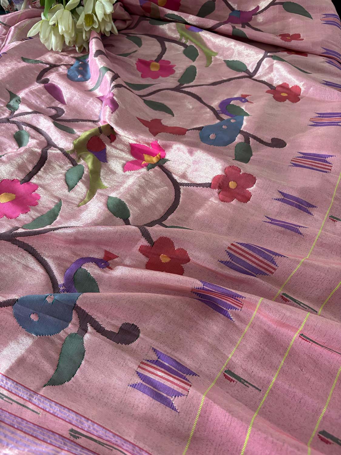 Pink Paithani Handloom Pure Silk Brocade Muniya Border Dupatta - Luxurion World