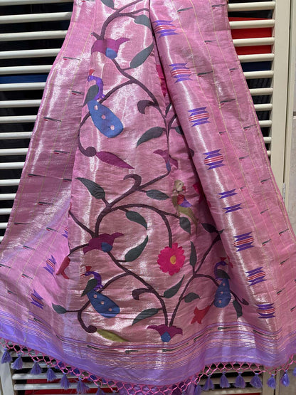 Pink Paithani Handloom Pure Silk Brocade Muniya Border Dupatta - Luxurion World