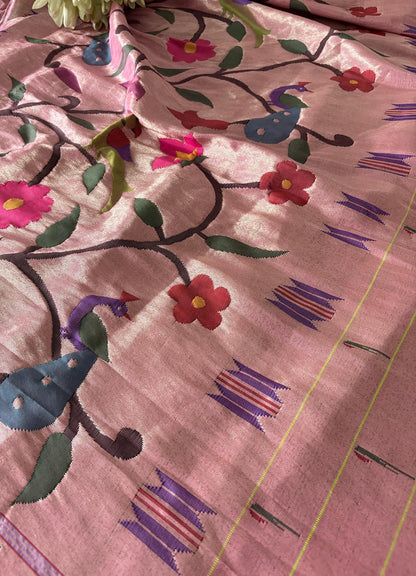 Pink Paithani Handloom Pure Silk Brocade Muniya Border Dupatta - Luxurion World