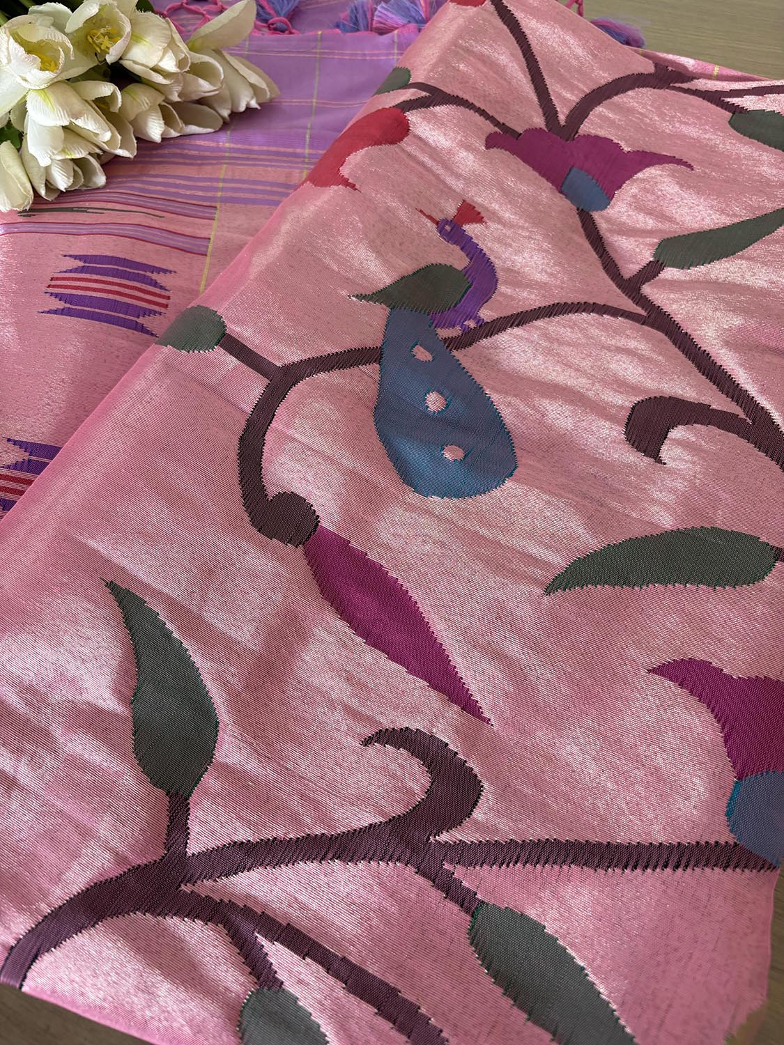 Pink Paithani Handloom Pure Silk Brocade Muniya Border Dupatta - Luxurion World