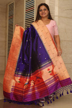 Blue Paithani Handloom Pure Silk Muniya Border Bird Design Dupatta - Luxurion World