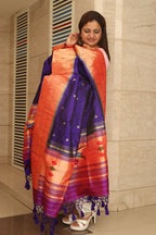 Blue Paithani Handloom Pure Silk Muniya Border Bird Design Dupatta - Luxurion World