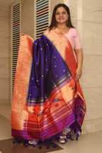 Blue Paithani Handloom Pure Silk Muniya Border Bird Design Dupatta - Luxurion World
