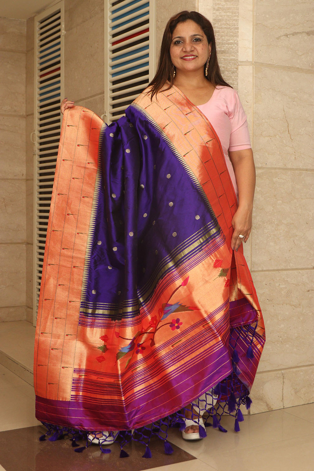 Blue Paithani Handloom Pure Silk Muniya Border Bird Design Dupatta - Luxurion World