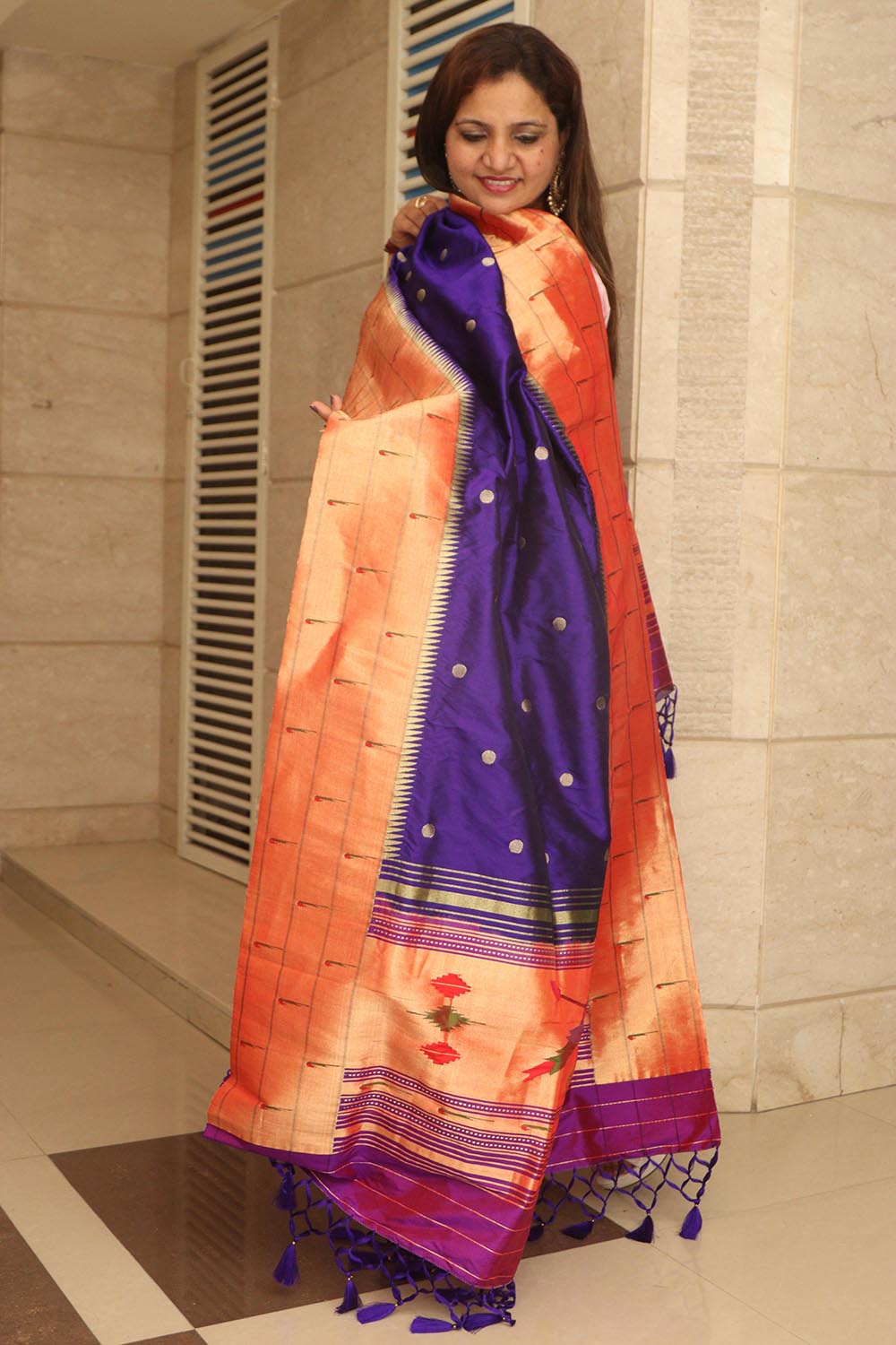 Blue Paithani Handloom Pure Silk Muniya Border Bird Design Dupatta - Luxurion World