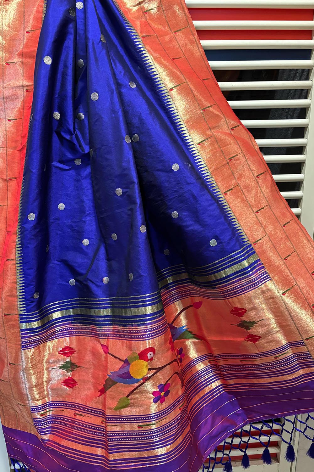 Blue Paithani Handloom Pure Silk Muniya Border Bird Design Dupatta - Luxurion World
