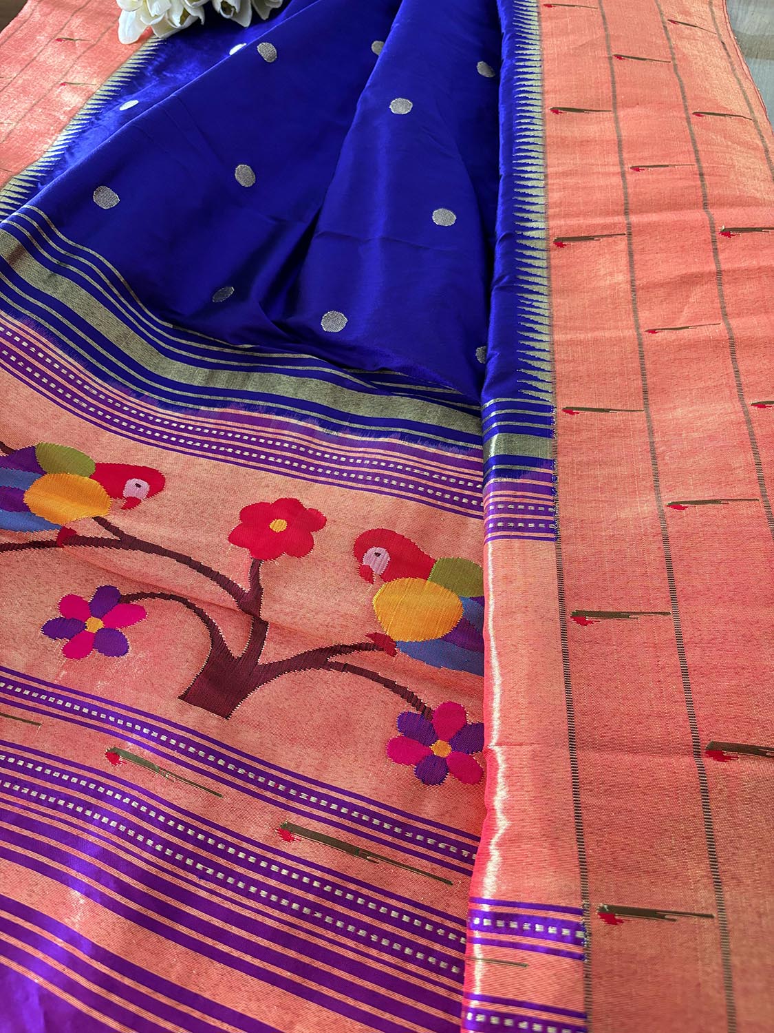 Blue Paithani Handloom Pure Silk Muniya Border Bird Design Dupatta - Luxurion World