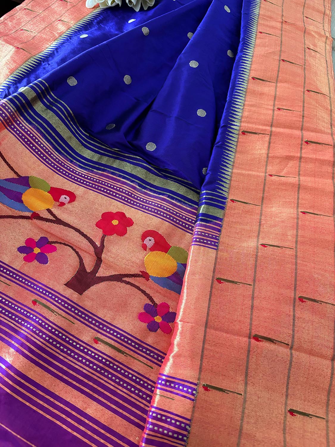 Blue Paithani Handloom Pure Silk Muniya Border Bird Design Dupatta - Luxurion World