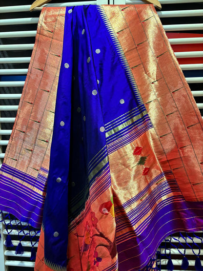 Blue Paithani Handloom Pure Silk Muniya Border Bird Design Dupatta - Luxurion World