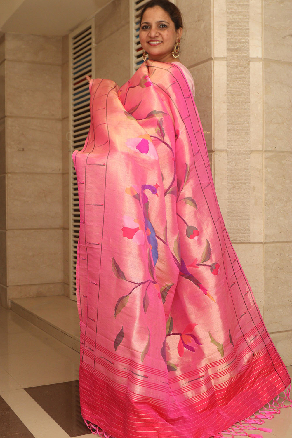 Pink Paithani Handloom Pure Silk Brocade Muniya Border Peacock And Bird Design Dupatta - Luxurion World