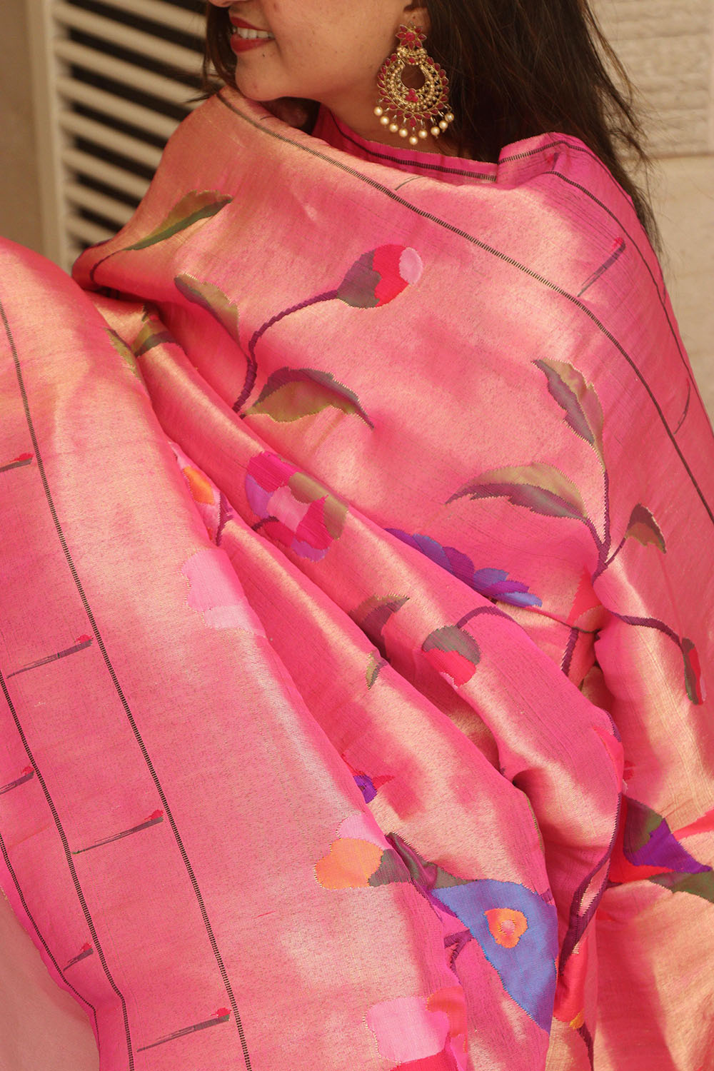 Pink Paithani Handloom Pure Silk Brocade Muniya Border Peacock And Bird Design Dupatta - Luxurion World