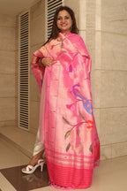 Pink Paithani Handloom Pure Silk Brocade Muniya Border Peacock And Bird Design Dupatta - Luxurion World