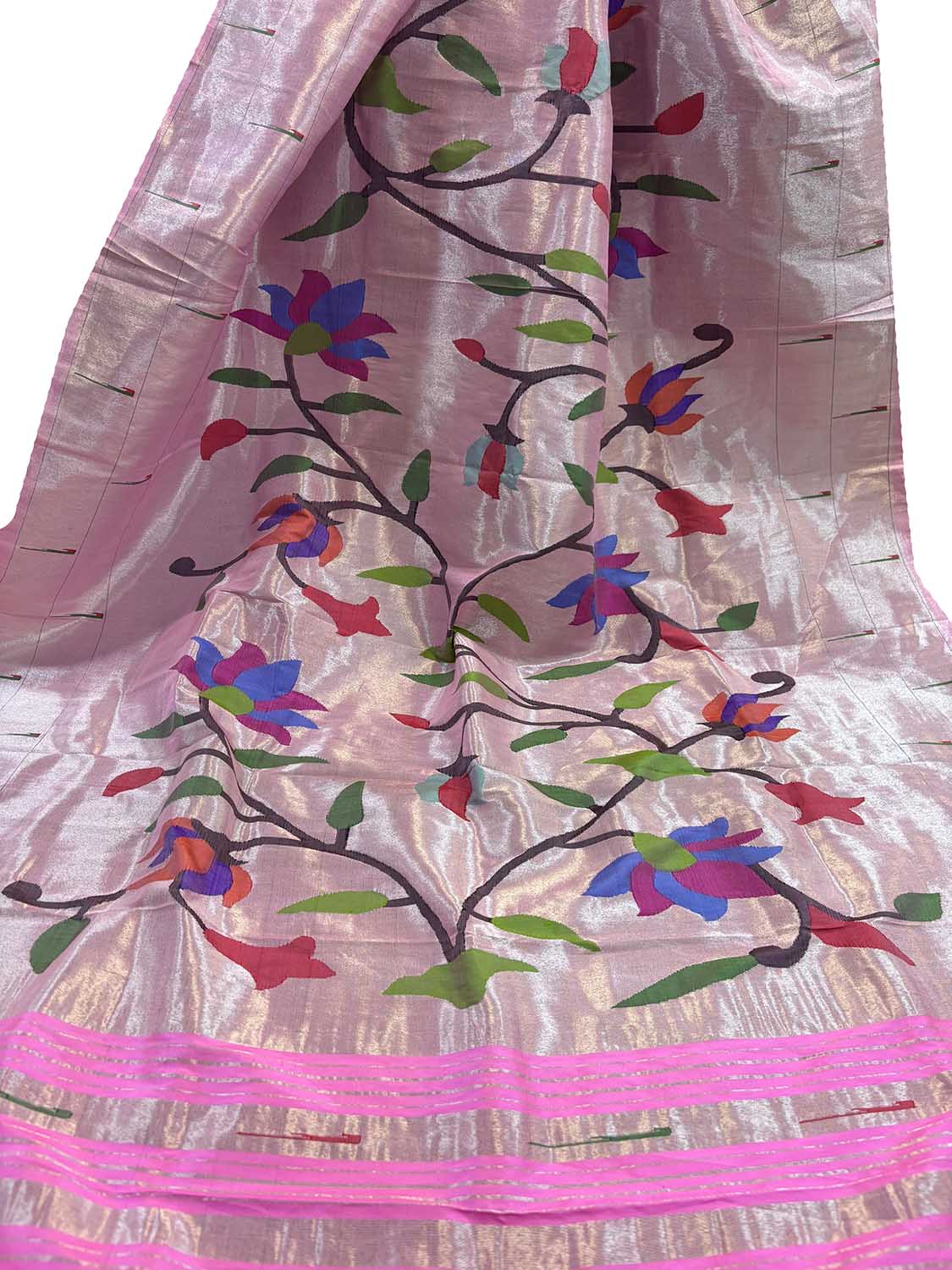 Exquisite Pink Paithani Handloom Pure Silk Brocade Muniya Border Flower Design Dupatta - Luxurion World