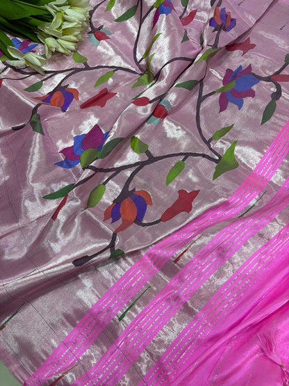 Exquisite Pink Paithani Handloom Pure Silk Brocade Muniya Border Flower Design Dupatta - Luxurion World