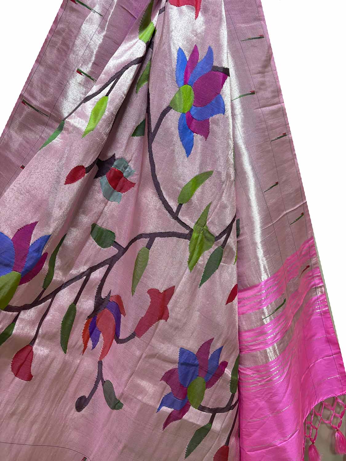Exquisite Pink Paithani Handloom Pure Silk Brocade Muniya Border Flower Design Dupatta - Luxurion World