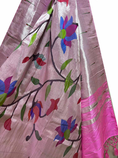 Exquisite Pink Paithani Handloom Pure Silk Brocade Muniya Border Flower Design Dupatta - Luxurion World