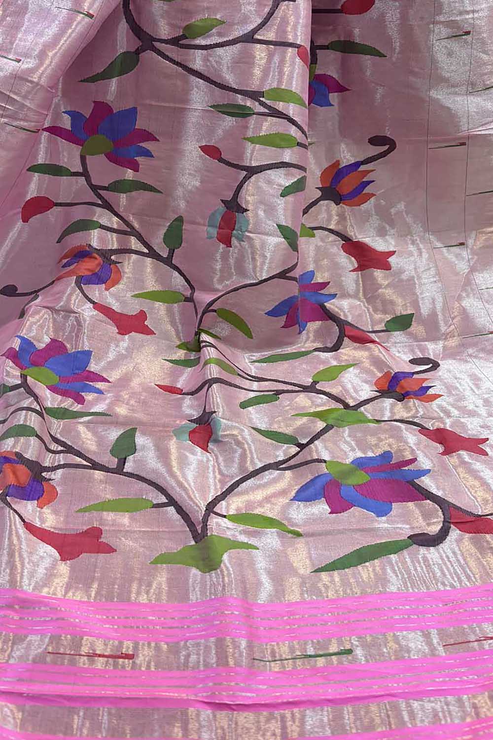 Exquisite Pink Paithani Handloom Pure Silk Brocade Muniya Border Flower Design Dupatta - Luxurion World