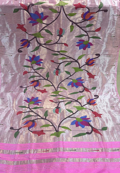 Exquisite Pink Paithani Handloom Pure Silk Brocade Muniya Border Flower Design Dupatta - Luxurion World