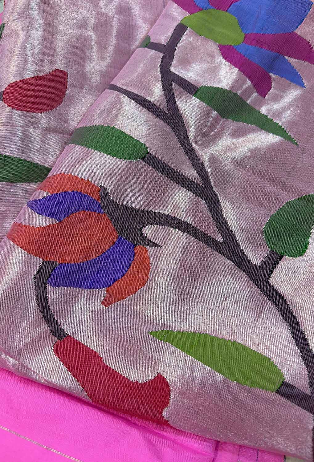 Exquisite Pink Paithani Handloom Pure Silk Brocade Muniya Border Flower Design Dupatta - Luxurion World