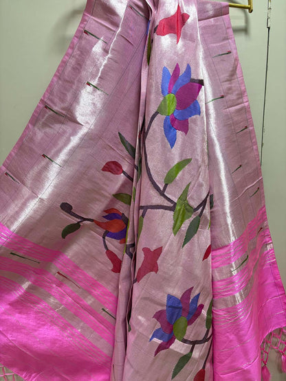 Exquisite Pink Paithani Handloom Pure Silk Brocade Muniya Border Flower Design Dupatta - Luxurion World