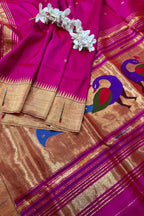 Pink Paithani Handloom Pure Silk Peacock Design Muniya Border Dupatta - Luxurion World- Crafted Heirlooms