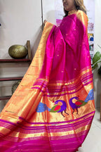Pink Paithani Handloom Pure Silk Peacock Design Muniya Border Dupatta - Luxurion World- Crafted Heirlooms