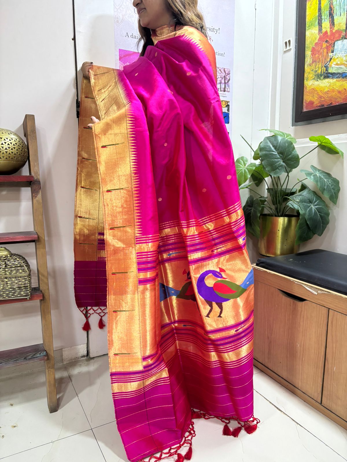 Pink Paithani Handloom Pure Silk Peacock Design Muniya Border Dupatta - Luxurion World- Crafted Heirlooms