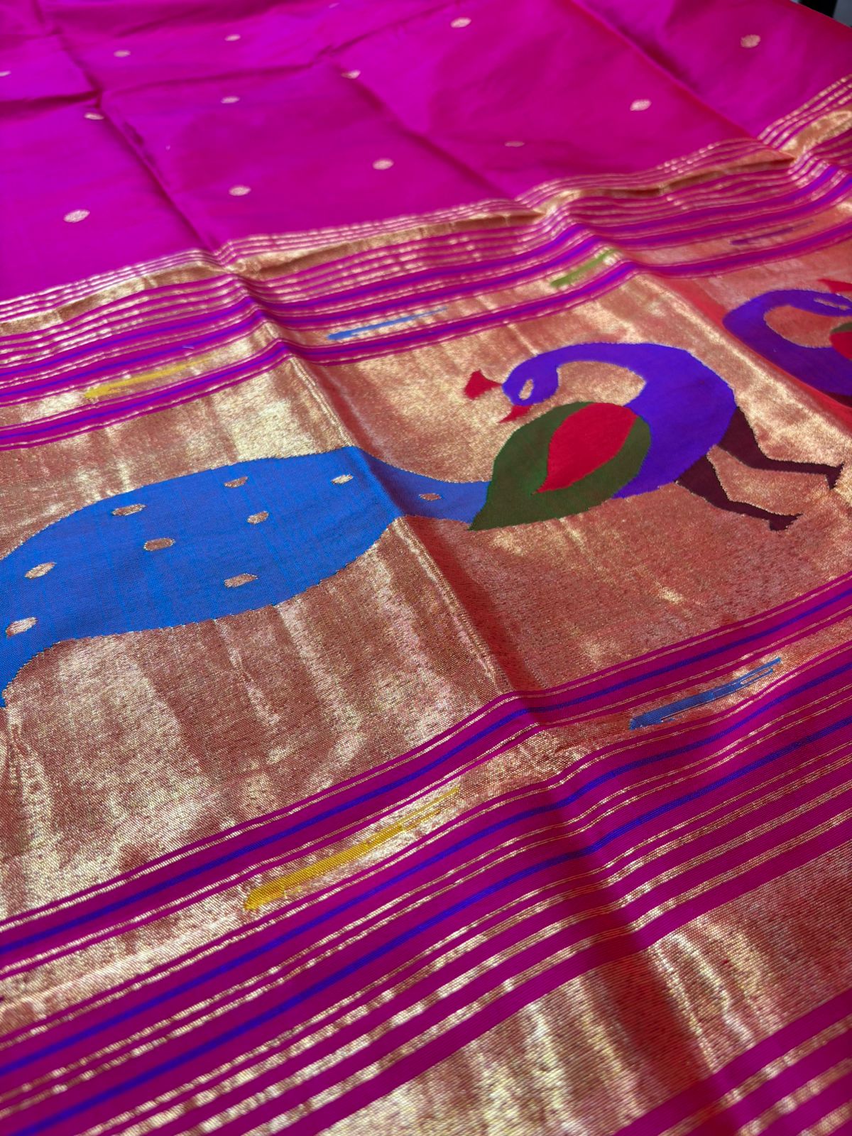 Pink Paithani Handloom Pure Silk Peacock Design Muniya Border Dupatta - Luxurion World- Crafted Heirlooms