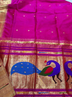 Pink Paithani Handloom Pure Silk Peacock Design Muniya Border Dupatta - Luxurion World- Crafted Heirlooms