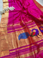 Pink Paithani Handloom Pure Silk Peacock Design Muniya Border Dupatta - Luxurion World- Crafted Heirlooms