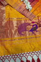 Yellow Orange Paithani Handloom Pure Silk Peacock Design Muniya Border Dupatta - Luxurion World- Crafted Heirlooms
